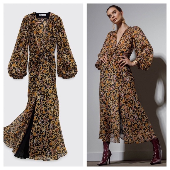 Zara Sheer Floral Printed Maxi Dress Medium Metallic Knot Front Long Sleeve - Picture 1 of 6